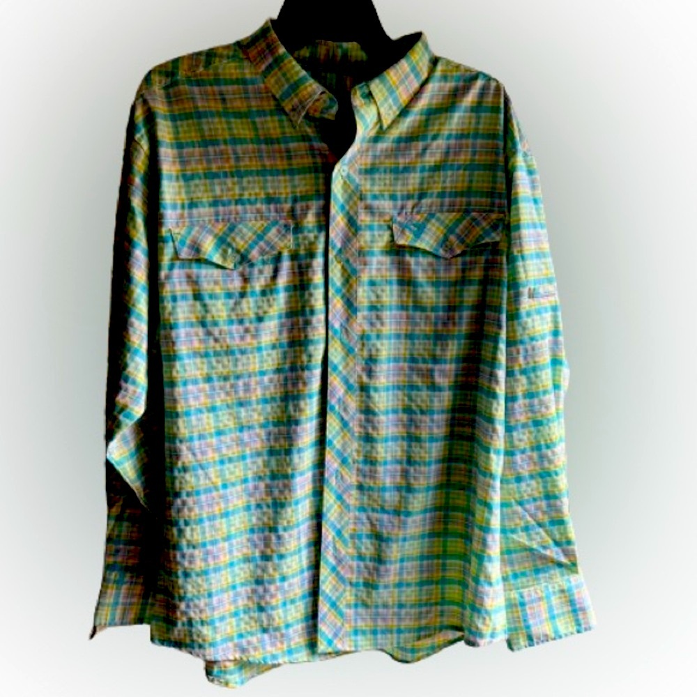 Mojo Sportswear Fishing Shirt‎ Mens Long Sleeve Button Seersucker Plaid Stretch